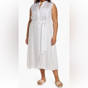 Vince Stripe Sleeveless Shirtdress tie waise shirt dress midi maxi white XXL NWT
